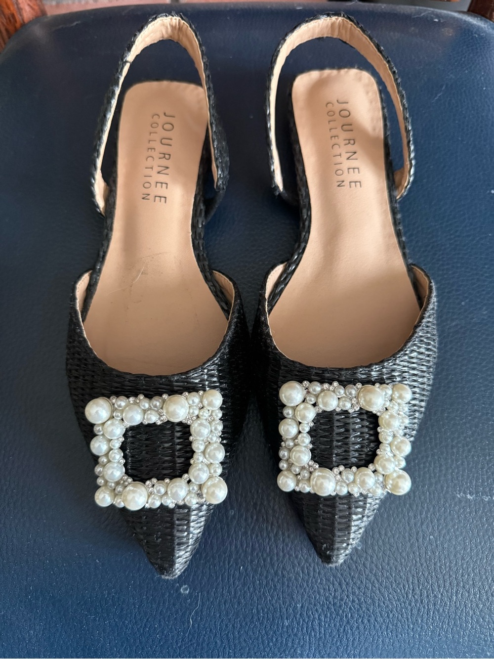 Journee Collection Black Pearl-Buckle Pointed Slingback Flats